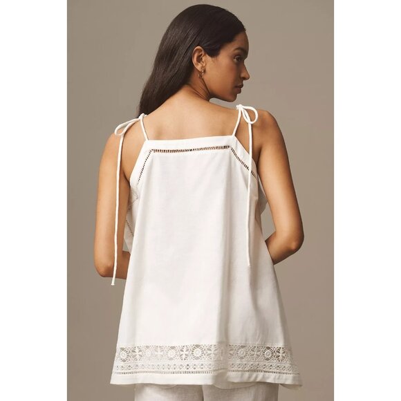 By Anthropologie Tie-Strap Linen Hanky Cutwork Lace Tank M - Picture 3 of 4